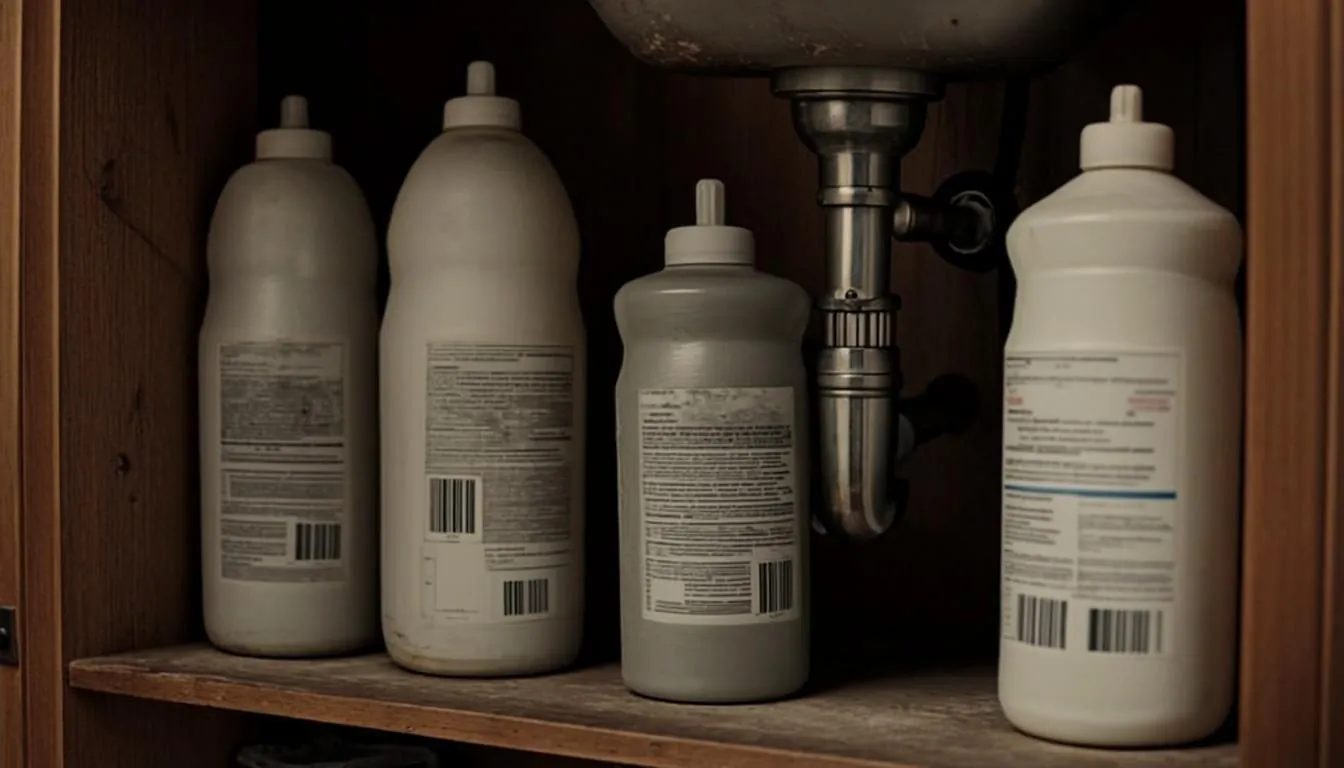 Unbranded chemical drain cleaner bottles on a shelf under a sink in a Linden NJ home