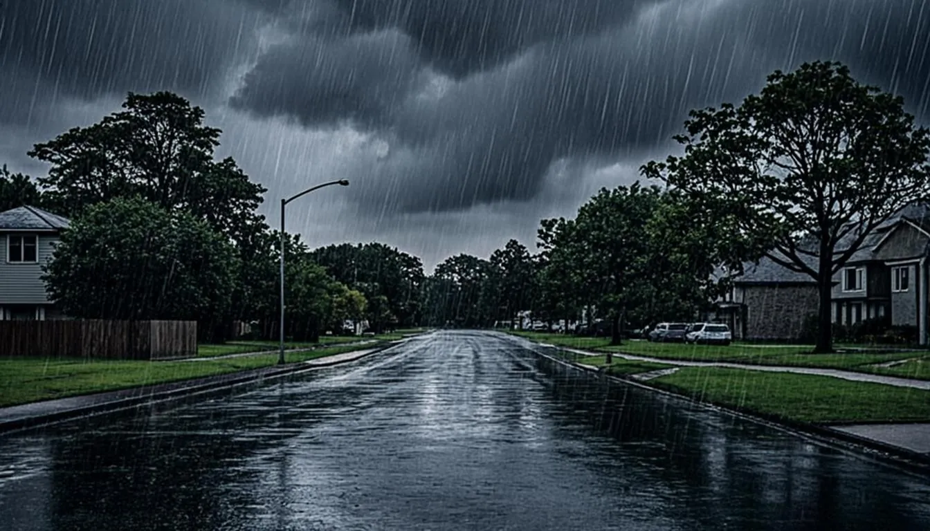 Heavy rain falling on a residential New Jersey street before basement drain backups begin