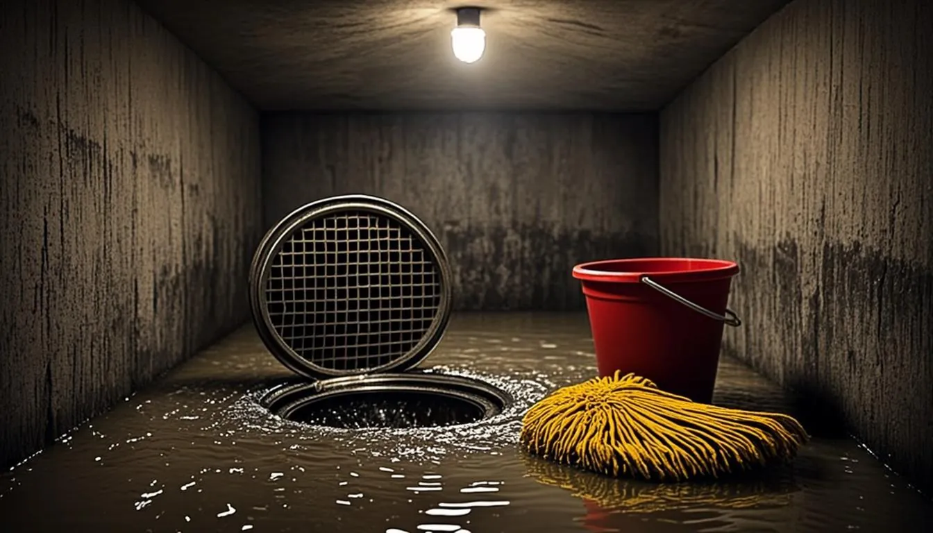 Basement floor drain with water backing up around the rim, a warning sign of a clogged main sewer line