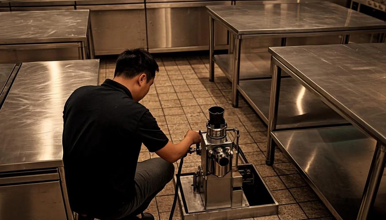 Commercial drain cleaning in a Linden NJ kitchen with a technician running a drain machine