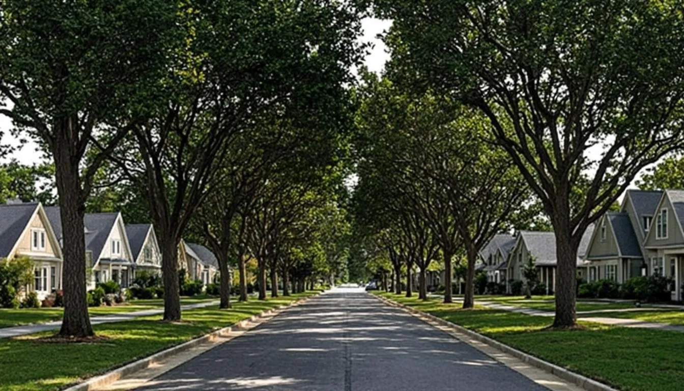 Tree lined suburban street with single family homes in Rahway NJ