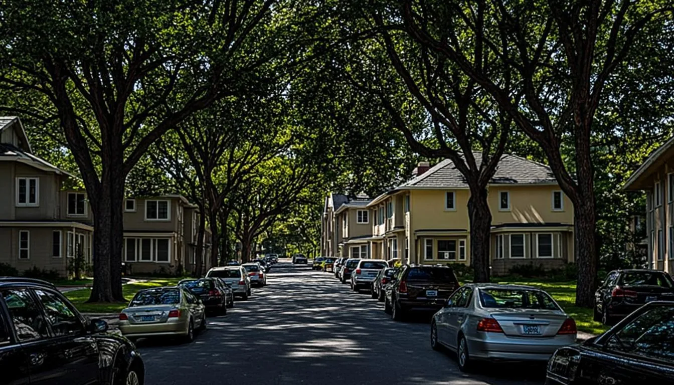 Older Linden NJ neighborhood street with Cape Cod houses and mature oak trees in Sunnyside