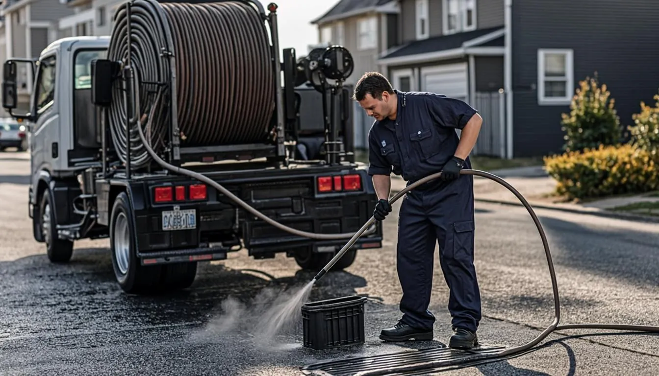 Hydro jetting truck in Linden NJ with technician guiding a high-pressure hose into a drain access