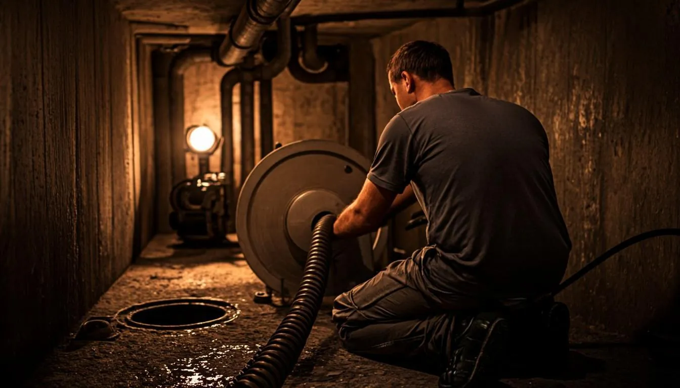 Main sewer line cleaning in Linden NJ: rooter machine cable running into a basement floor drain