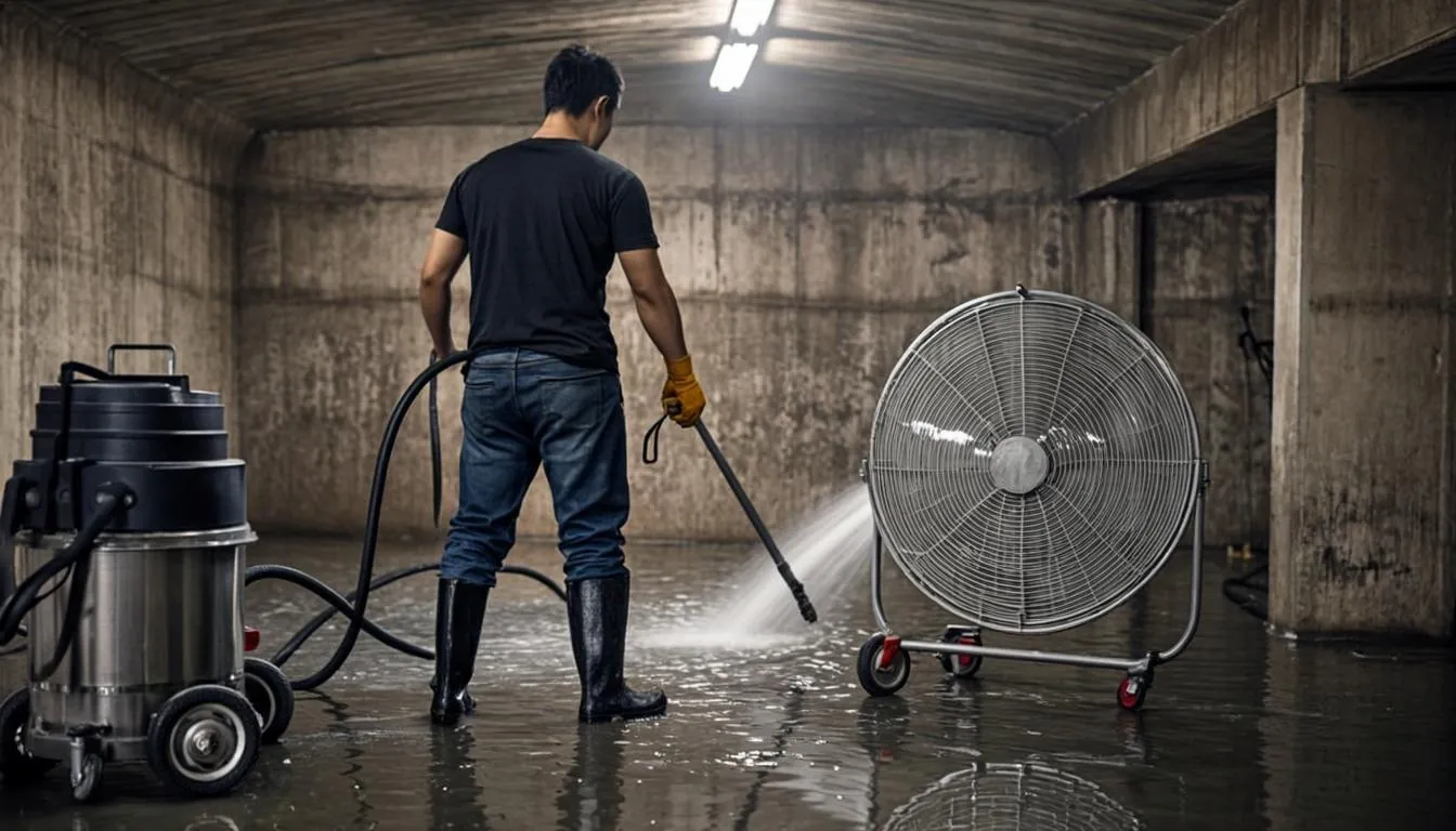 Sewer backup cleaning in a Linden NJ basement with extraction and drying equipment