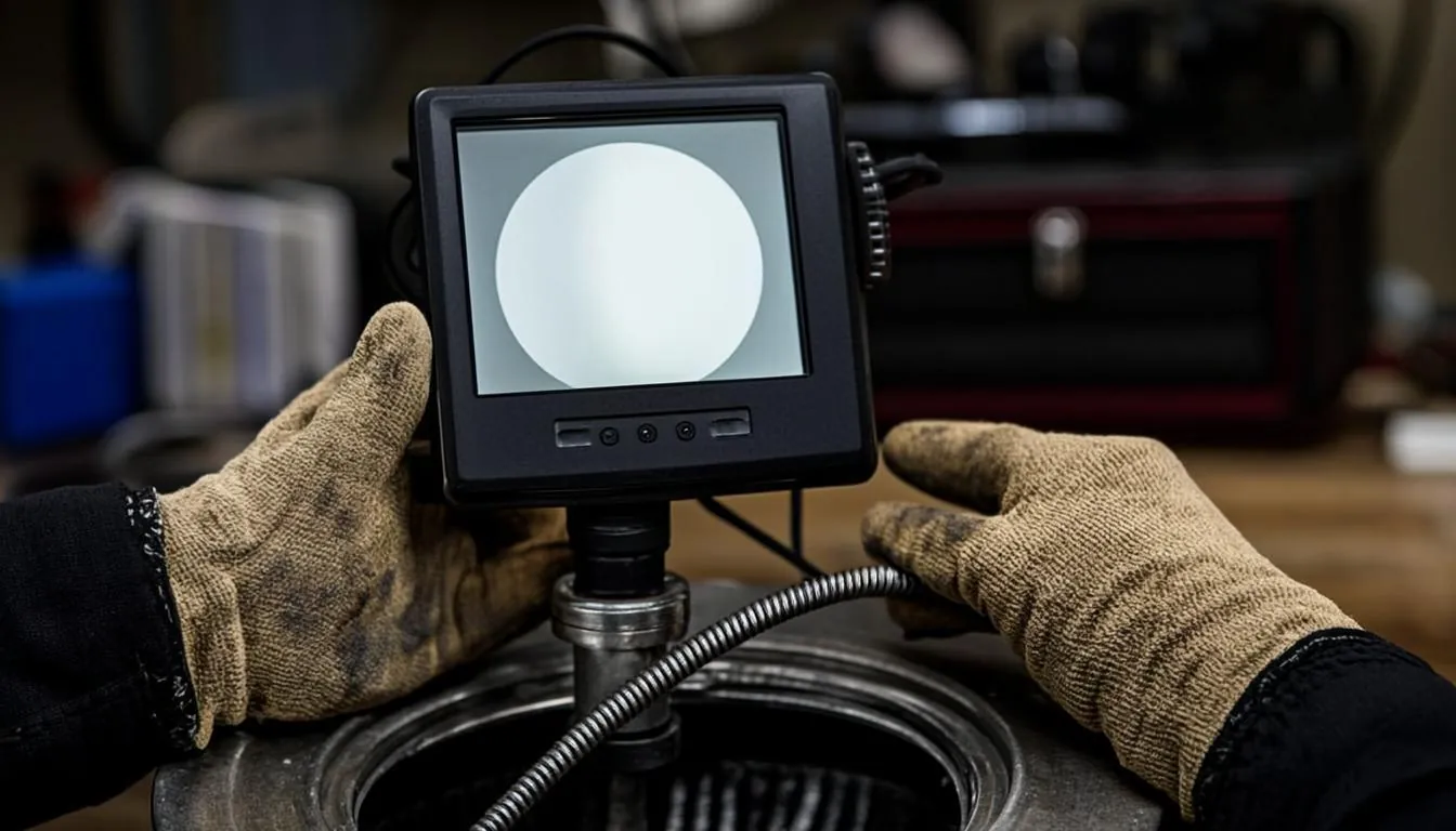 Sewer camera inspection in Linden NJ with technician holding an HD monitor showing the pipe interior