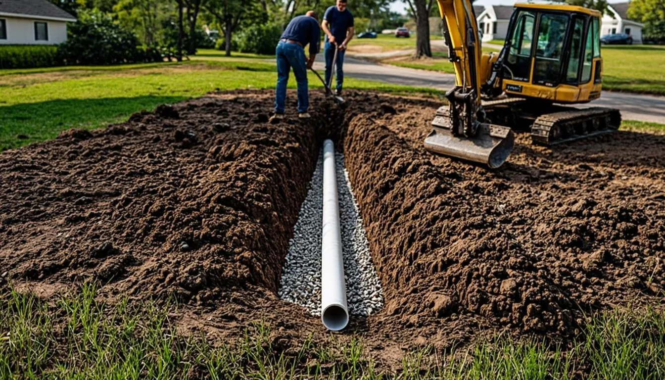 Sewer line replacement trench in a Linden NJ yard with new PVC pipe laid on gravel bedding