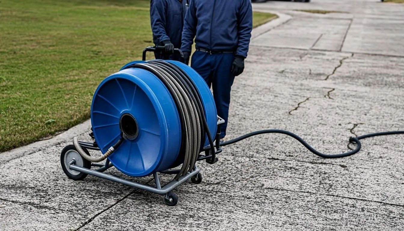 Trenchless sewer repair equipment on a Linden NJ driveway with liner reel and technicians
