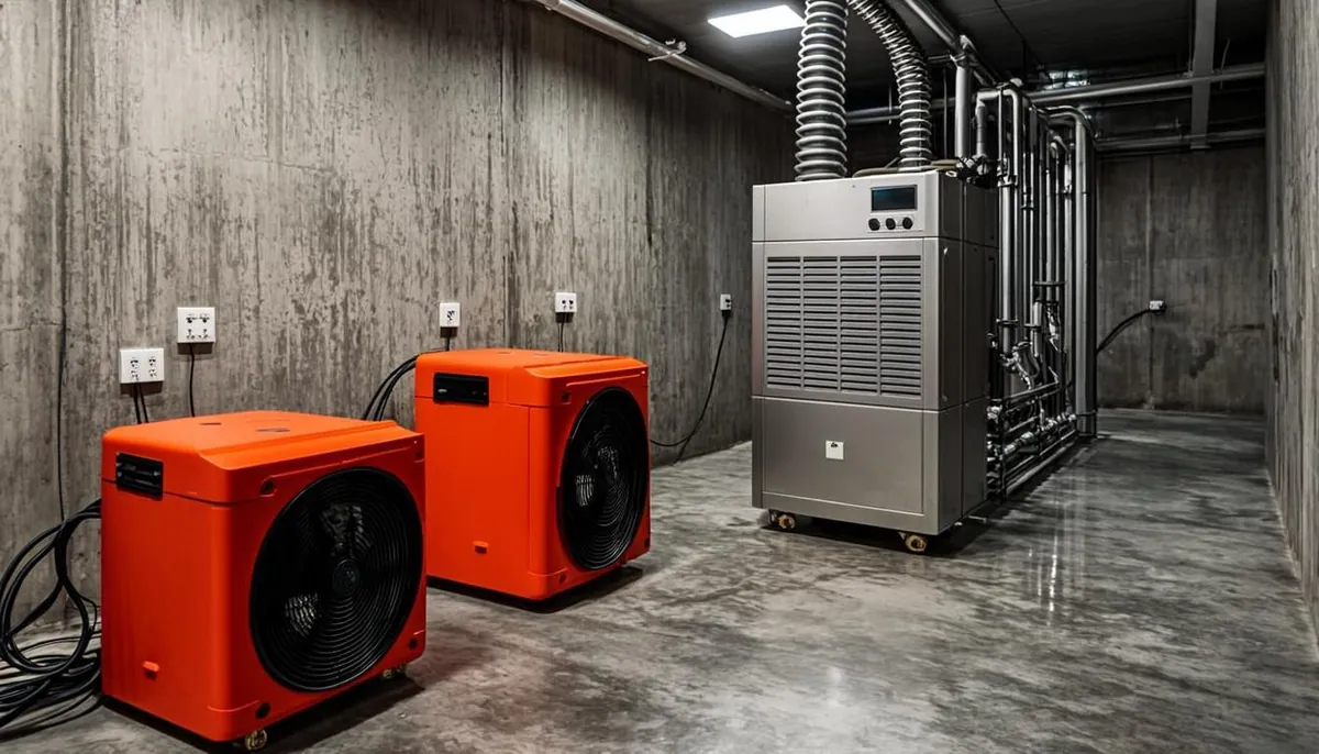 Air movers and a dehumidifier drying a New Jersey basement after a storm drain backup