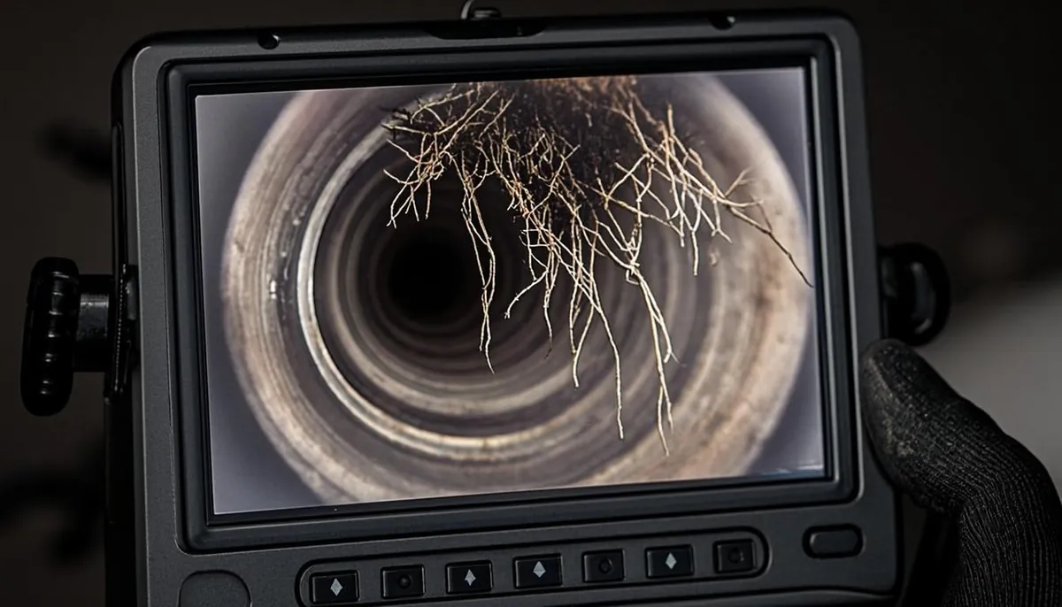 Sewer scope camera monitor showing root intrusion inside a pipe during a Union County home inspection