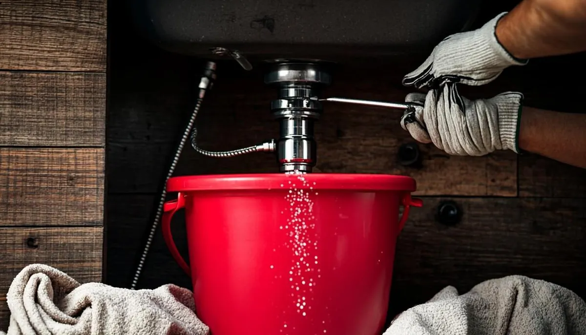 Residential drain unblocking in Linden NJ: gloved hands running an auger cable into a kitchen sink drain pipe