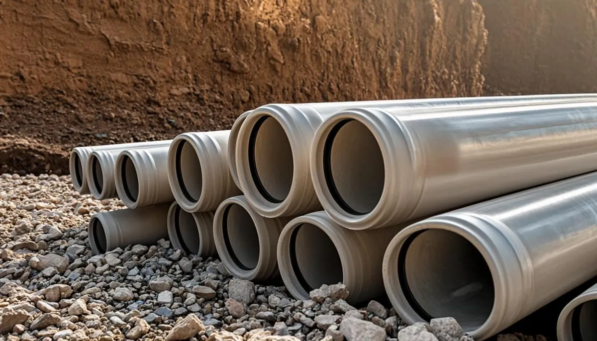 New PVC sewer pipe fittings staged at a Linden NJ excavation for a lateral replacement